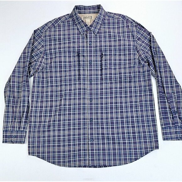 Duluth Size Large Mens Navy Tan Red Check Zip Pocket Back Vent Button Down Shirt - Picture 5 of 11